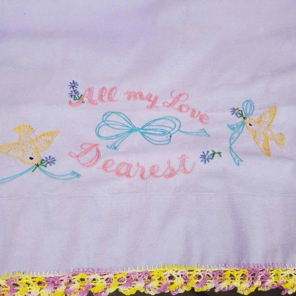 Lavender Purple ALL MY LOVE DARLING DEAREST Crochet Doves Guest Pillow Case Set